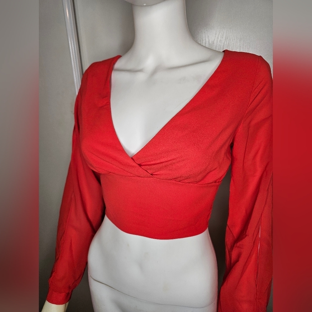 Bright Red Long Sleeve Crop Blouse with Wrap Style